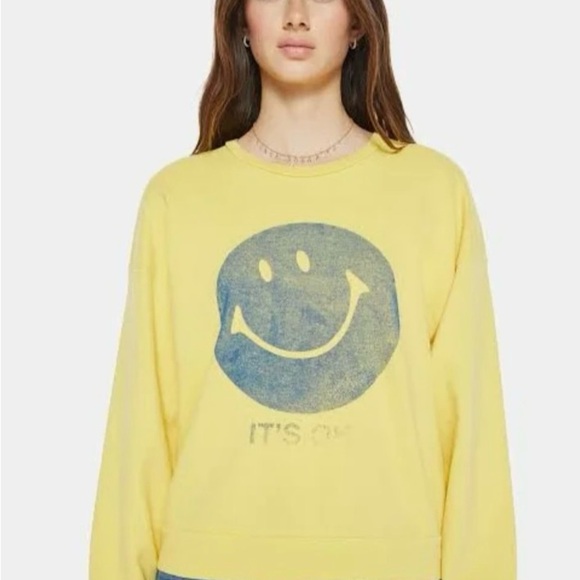 MOTHER Jeans, The Drop Square Vibrant Yellow Smiley Sweatshirt - Picture 1 of 8